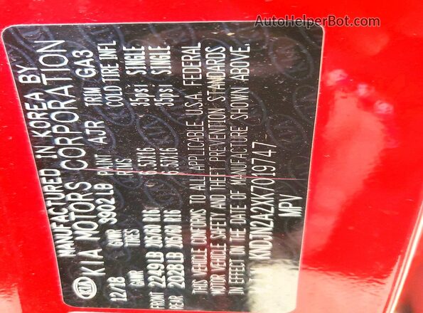 KNDJN2A2XK7019747 2019 KIA SOUL Red VIN sticker view