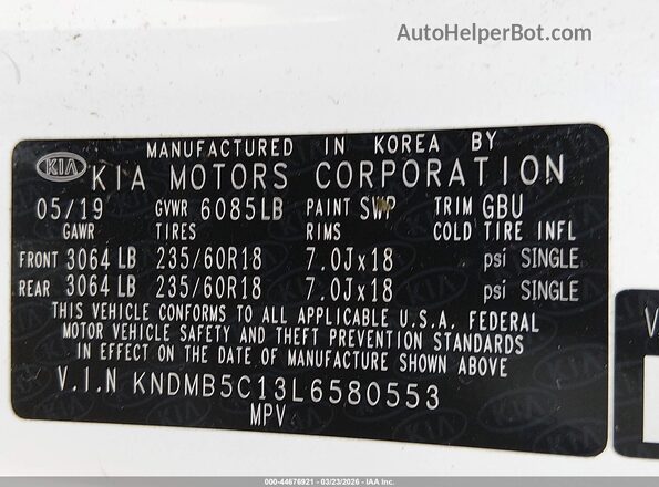 KNDMB5C13L6580553 2020 KIA SEDONA Белый 