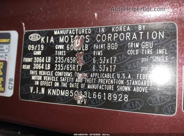 KNDMB5C13L6618928 2020 KIA SEDONA Burgundy 