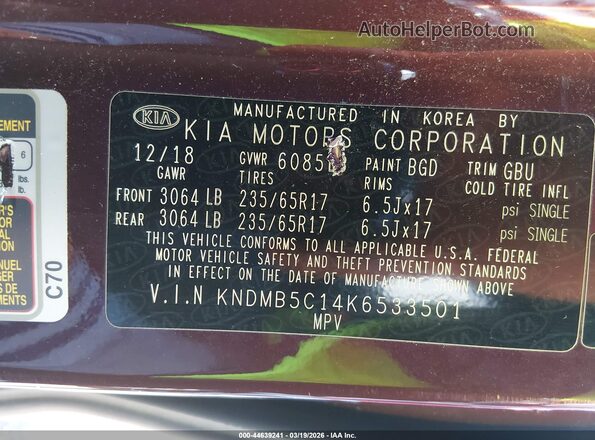 KNDMB5C14K6533501 2019 KIA SEDONA Maroon Engine compartment view