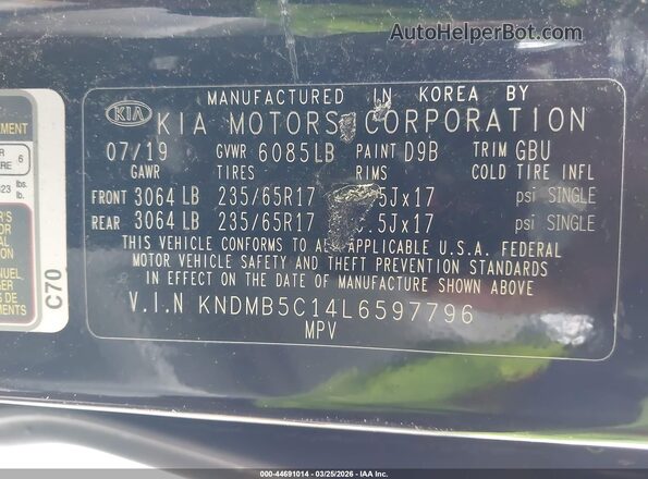 KNDMB5C14L6597796 2020 KIA SEDONA Blue Շարժիչի բաժամունքի տեսք