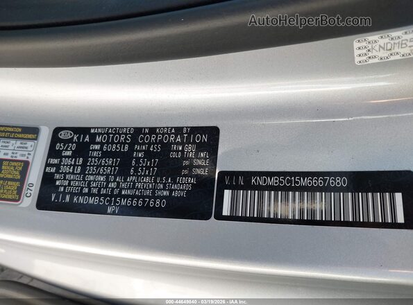KNDMB5C15M6667680 2021 KIA SEDONA Silver Շարժիչի բաժամունքի տեսք
