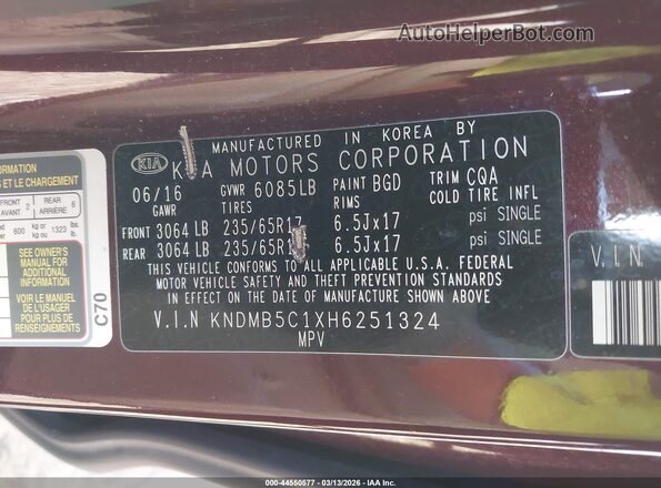 KNDMB5C1XH6251324 2017 KIA SEDONA Burgundy Շարժիչի բաժամունքի տեսք
