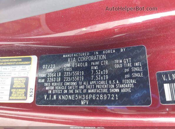 KNDNE5H36P6289721 2023 KIA CARNIVAL MPV Burgundy Вид підкапотного простору