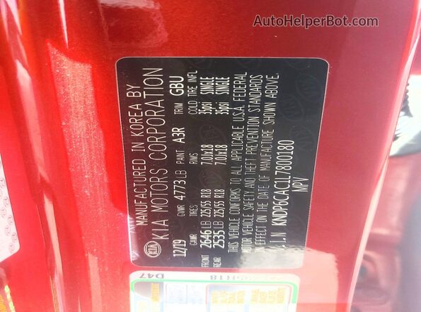 KNDP6CAC1L7800180 2020 KIA SPORTAGE Red VIN კოდის სტიკერის ხედი