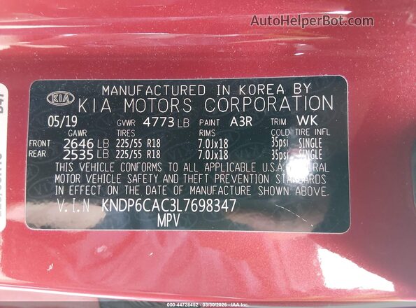 KNDP6CAC3L7698347 2020 KIA SPORTAGE Red ძრავის განყოფილების ხედი