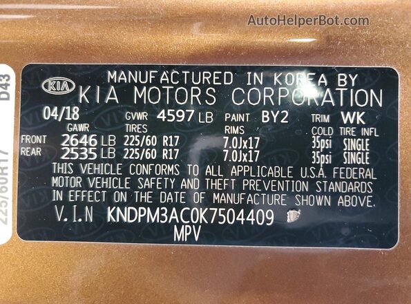KNDPM3AC0K7504409 2019 KIA SPORTAGE Brown 