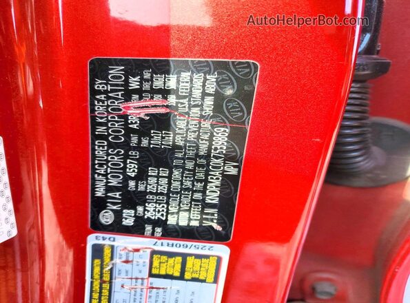 KNDPM3AC0K7539869 2019 KIA SPORTAGE Red VIN կոդի պիտակի տեսք