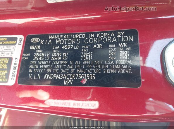 KNDPM3AC0K7561595 2019 KIA SPORTAGE Red Շարժիչի բաժամունքի տեսք