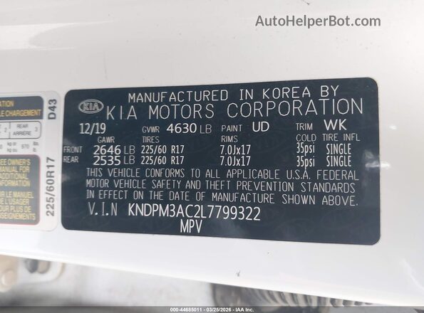 KNDPM3AC2L7799322 2020 KIA SPORTAGE White Vista del compartimento del motor
