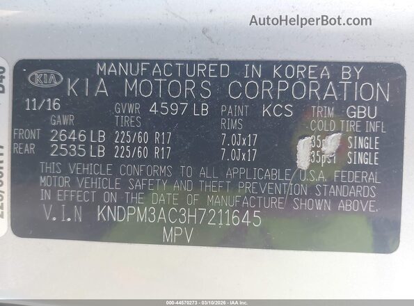KNDPM3AC3H7211645 2017 KIA SPORTAGE Silver 
