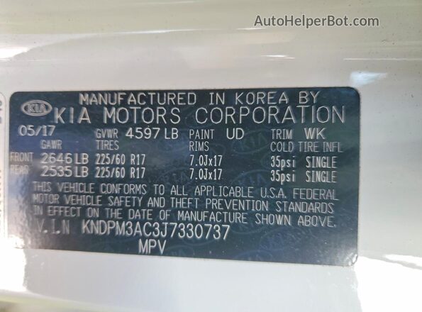 KNDPM3AC3J7330737 2018 KIA SPORTAGE White Вид наклейки з VIN-кодом