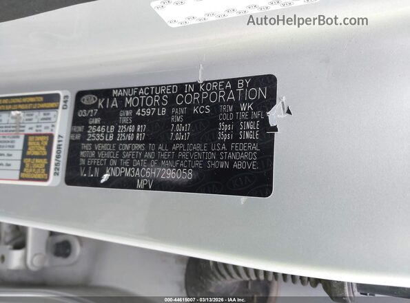 KNDPM3AC6H7296058 2017 KIA SPORTAGE Silver ძრავის განყოფილების ხედი