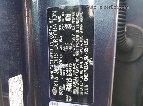 KNDPM3AC8M7857192 2021 KIA SPORTAGE Blue Вид наклейки з VIN-кодом