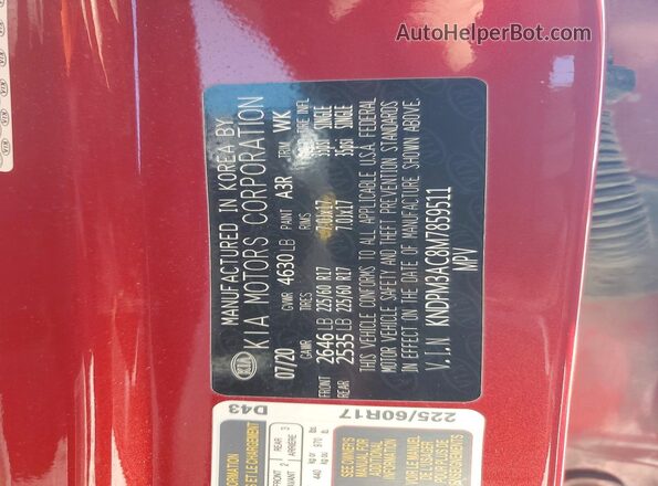 KNDPM3AC8M7859511 2021 KIA SPORTAGE Red VIN կոդի պիտակի տեսք