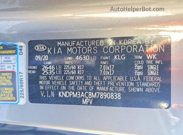 KNDPM3AC8M7890838 2021 KIA SPORTAGE Gray Вид наклейки з VIN-кодом