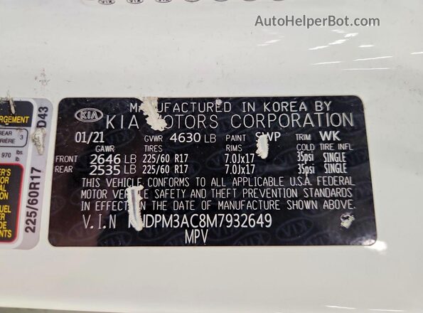 KNDPM3AC8M7932649 2021 KIA SPORTAGE Белый Вид наклейки с VIN-кодом