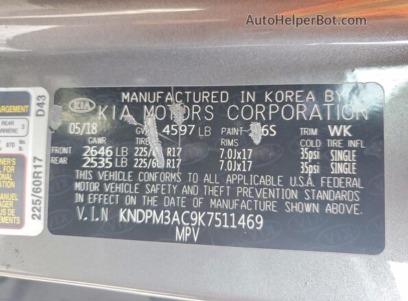 KNDPM3AC9K7511469 2019 KIA SPORTAGE Gray 