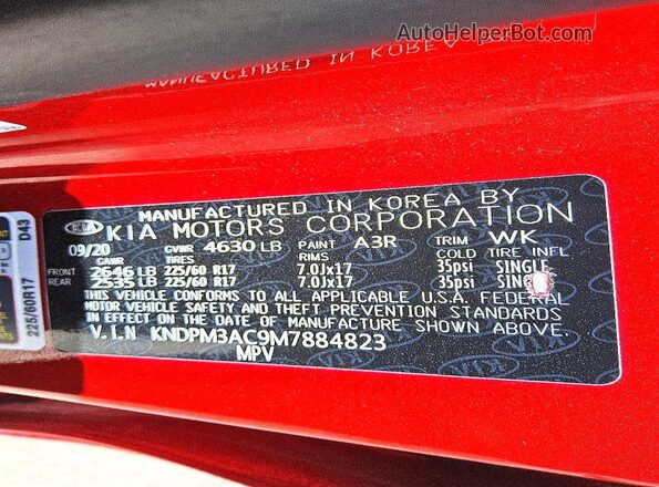 KNDPM3AC9M7884823 2021 KIA SPORTAGE Red Вид наклейки з VIN-кодом