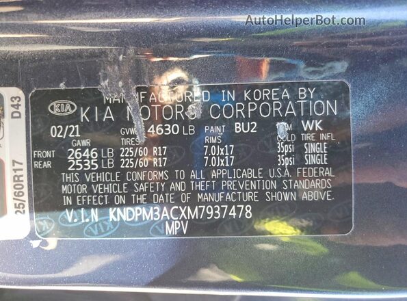 KNDPM3ACXM7937478 2021 KIA SPORTAGE Charcoal Vista de la etiqueta del VIN