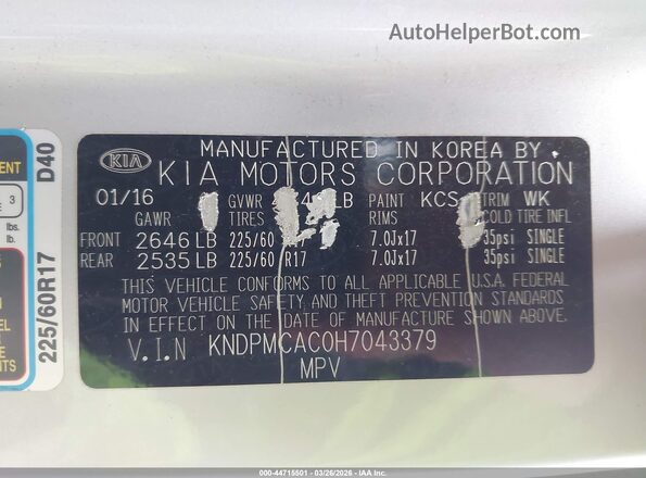 KNDPMCAC0H7043379 2017 KIA SPORTAGE Silver Շարժիչի բաժամունքի տեսք