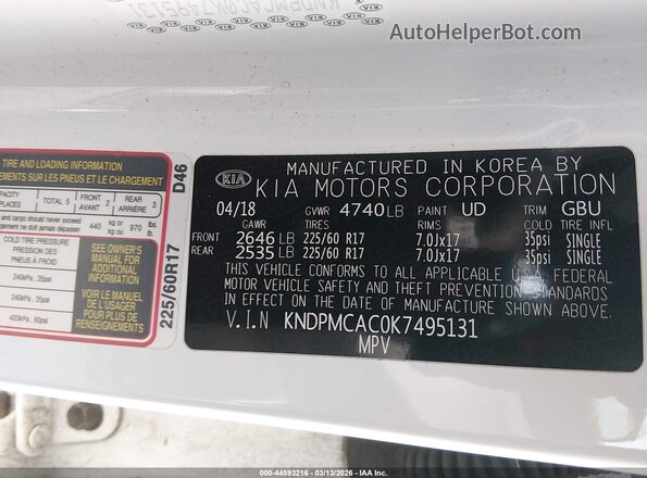 KNDPMCAC0K7495131 2019 KIA SPORTAGE White Շարժիչի բաժամունքի տեսք