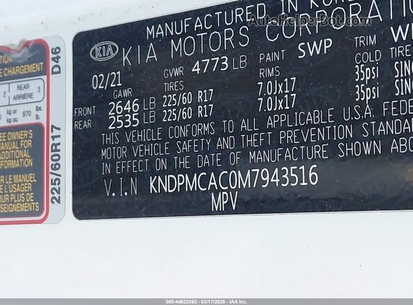 KNDPMCAC0M7943516 2021 KIA SPORTAGE White 