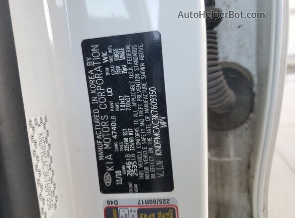 KNDPMCAC3K7609350 2019 KIA SPORTAGE White Սալոնի 360 աստիճան տեսք