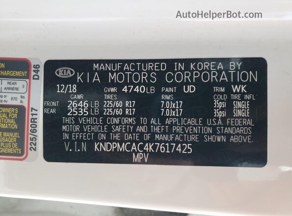 KNDPMCAC4K7617425 2019 KIA SPORTAGE White 