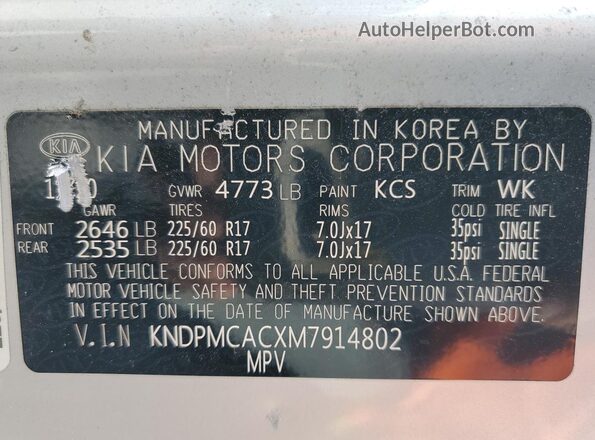 KNDPMCACXM7914802 2021 KIA SPORTAGE Silver Вид наклейки з VIN-кодом