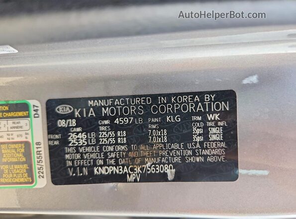 KNDPN3AC3K7563080 2019 KIA SPORTAGE Silver 