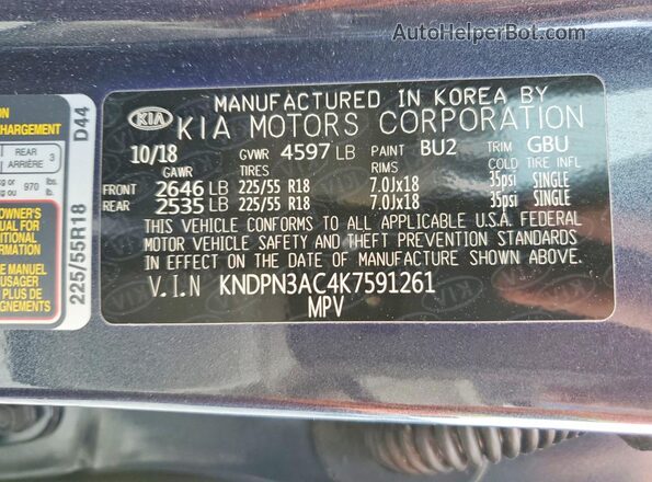 KNDPN3AC4K7591261 2019 KIA SPORTAGE Blue 
