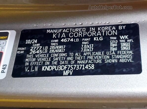 KNDPU3DF7S7371458 2025 KIA SPORTAGE Silver Vista de la etiqueta del VIN