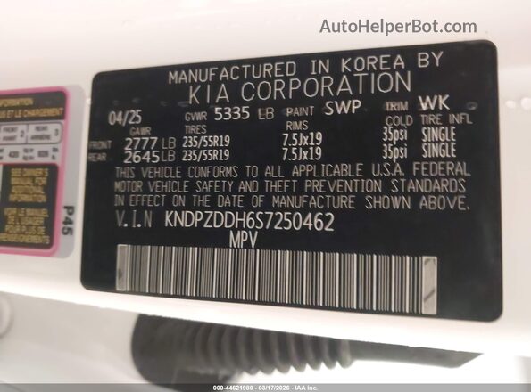 KNDPZDDH6S7250462 2025 KIA SPORTAGE PLUG-IN HYBRID White Շարժիչի բաժամունքի տեսք