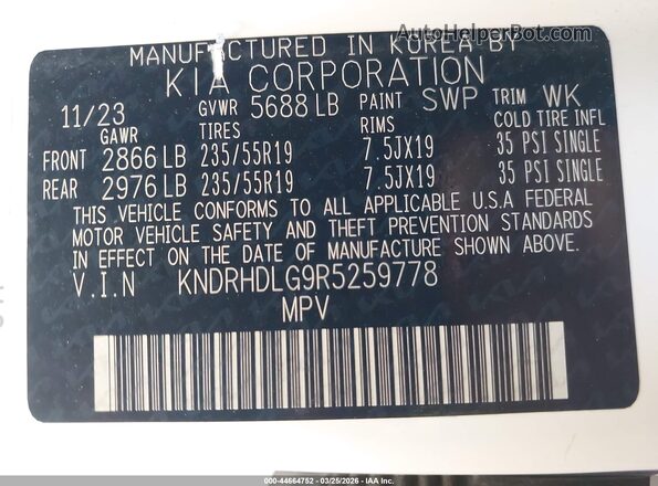 KNDRHDLG9R5259778 2024 KIA SORENTO HYBRID White Vista del compartimento del motor