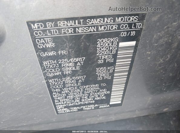 KNMAT2MT3JP576749 2018 NISSAN ROGUE Gray Widok komory silnika