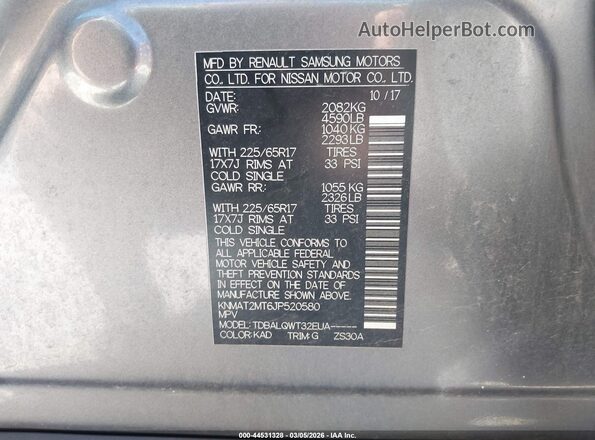 KNMAT2MT6JP520580 2018 NISSAN ROGUE Gray Widok komory silnika