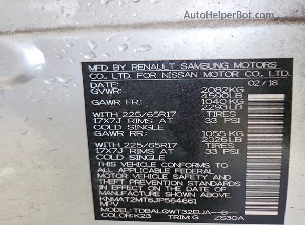KNMAT2MT6JP564661 2018 NISSAN ROGUE Silver Widok naklejki z numerem VIN