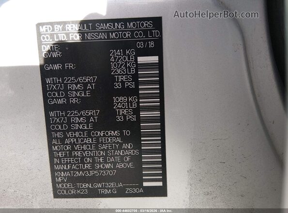 KNMAT2MV3JP573707 2018 NISSAN ROGUE Silver ძრავის განყოფილების ხედი