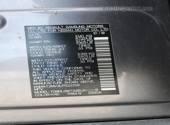 KNMAT2MV3LP522159 2020 NISSAN ROGUE Gray 