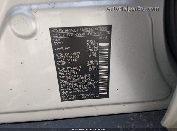 KNMAT2MV4GP700182 2016 NISSAN ROGUE Silver Вид підкапотного простору