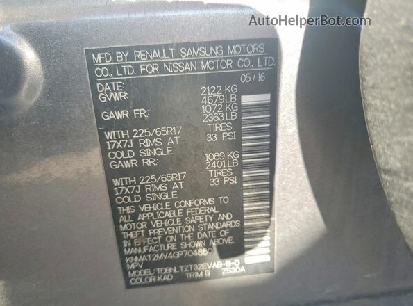 KNMAT2MV4GP704880 2016 NISSAN ROGUE Charcoal Widok naklejki z numerem VIN