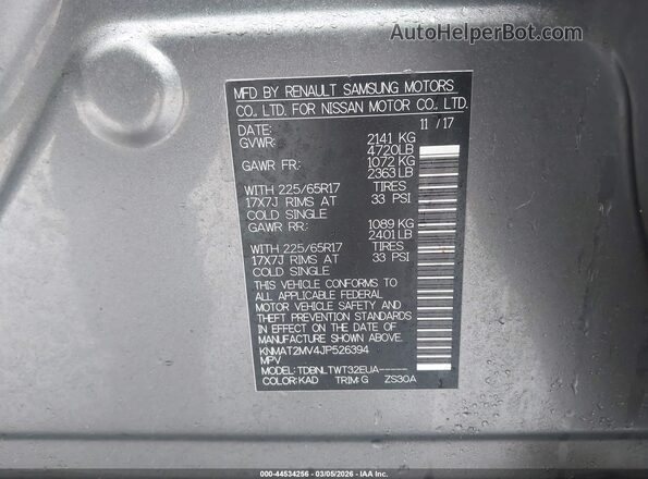 KNMAT2MV4JP526394 2018 NISSAN ROGUE Gray Вид підкапотного простору