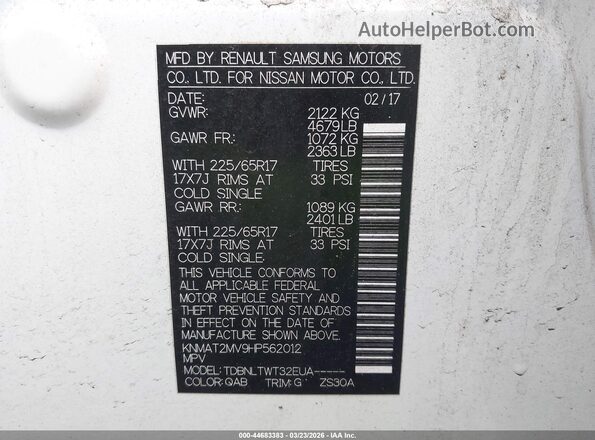 KNMAT2MV9HP562012 2017 NISSAN ROGUE White 