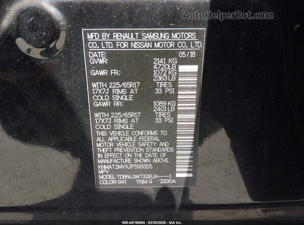 KNMAT2MVXJP593355 2018 NISSAN ROGUE Black Շարժիչի բաժամունքի տեսք