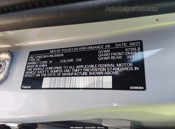 LPSED3KA7NL055819 2022 POLESTAR 2 White Շարժիչի բաժամունքի տեսք