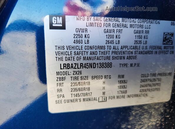 LRBAZLR45ND138388 2022 BUICK ENVISION Blue VIN sticker view