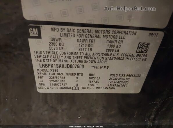 LRBFX1SAXJD007600 2018 BUICK ENVISION Black Вид підкапотного простору