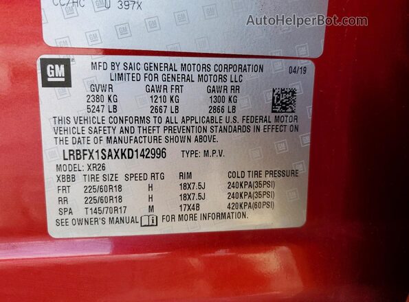 LRBFX1SAXKD142996 2019 BUICK ENVISION Red Vista de la etiqueta del VIN