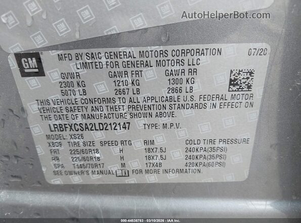LRBFXCSA2LD212147 2020 BUICK ENVISION Gray Շարժիչի բաժամունքի տեսք